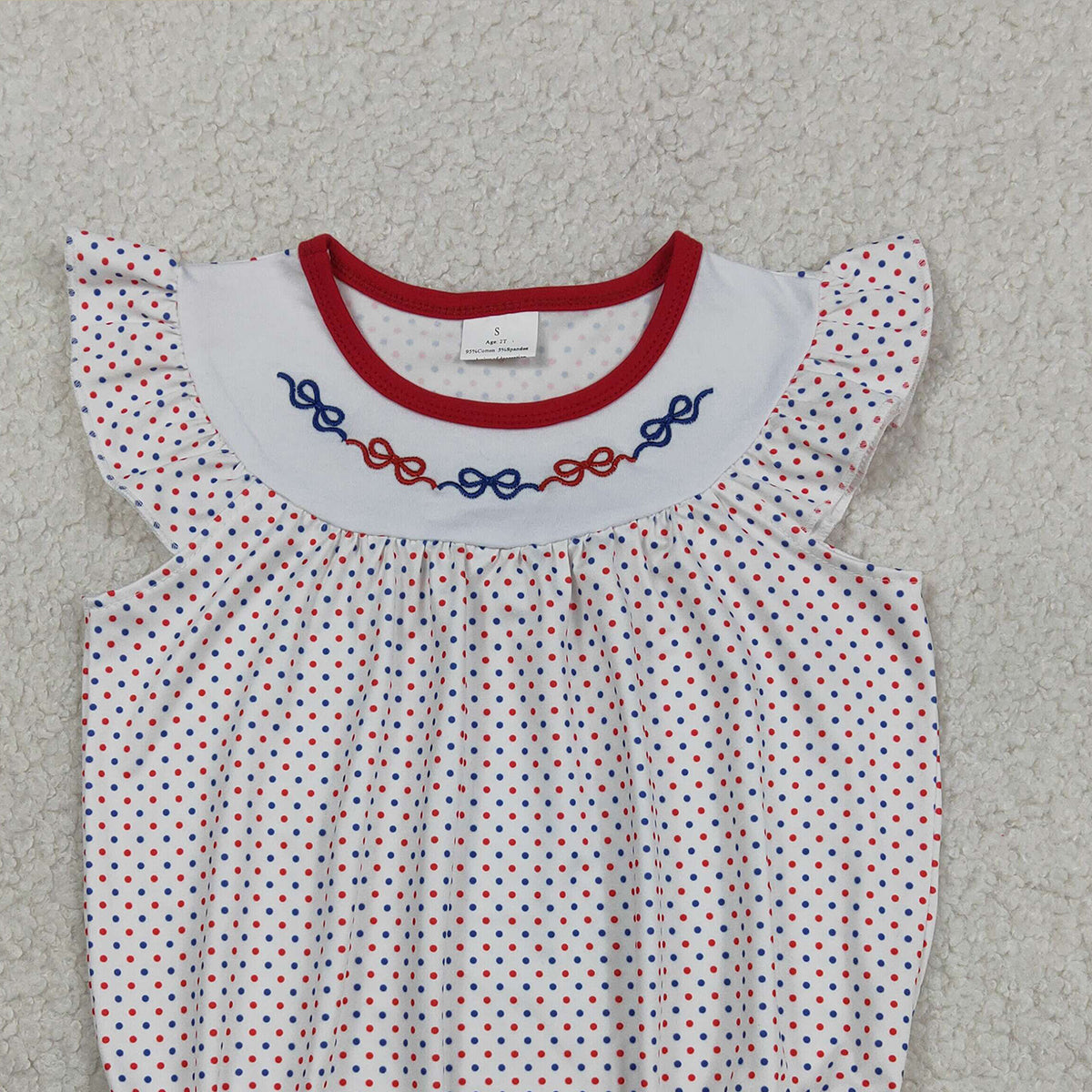 3.14 RTS NO MOQ （In stock）SR3706 Children's Fashion Romper Baby Girls Embroidery Bows Flutter Sleeve Girls Blue Red Polka Dots Ruffle Rompers