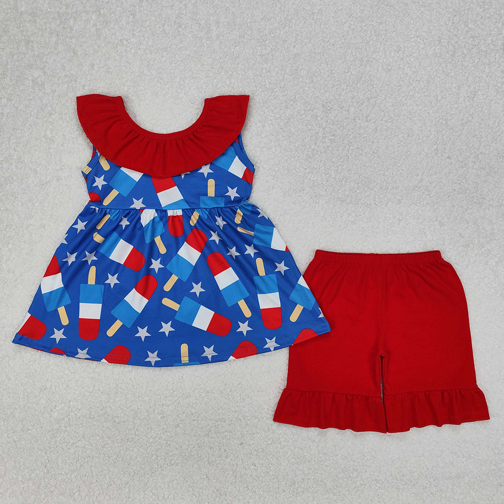 GSSO1765Girls Blue Stars Popsicle Ruffle Tunic Shorts Outfit 4th of July Patriotic Clothing Set for Kids