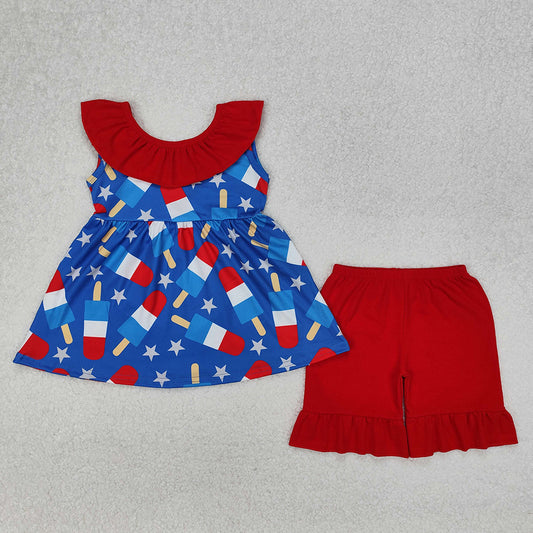 GSSO1765Girls Blue Stars Popsicle Ruffle Tunic Shorts Outfit 4th of July Patriotic Clothing Set for Kids