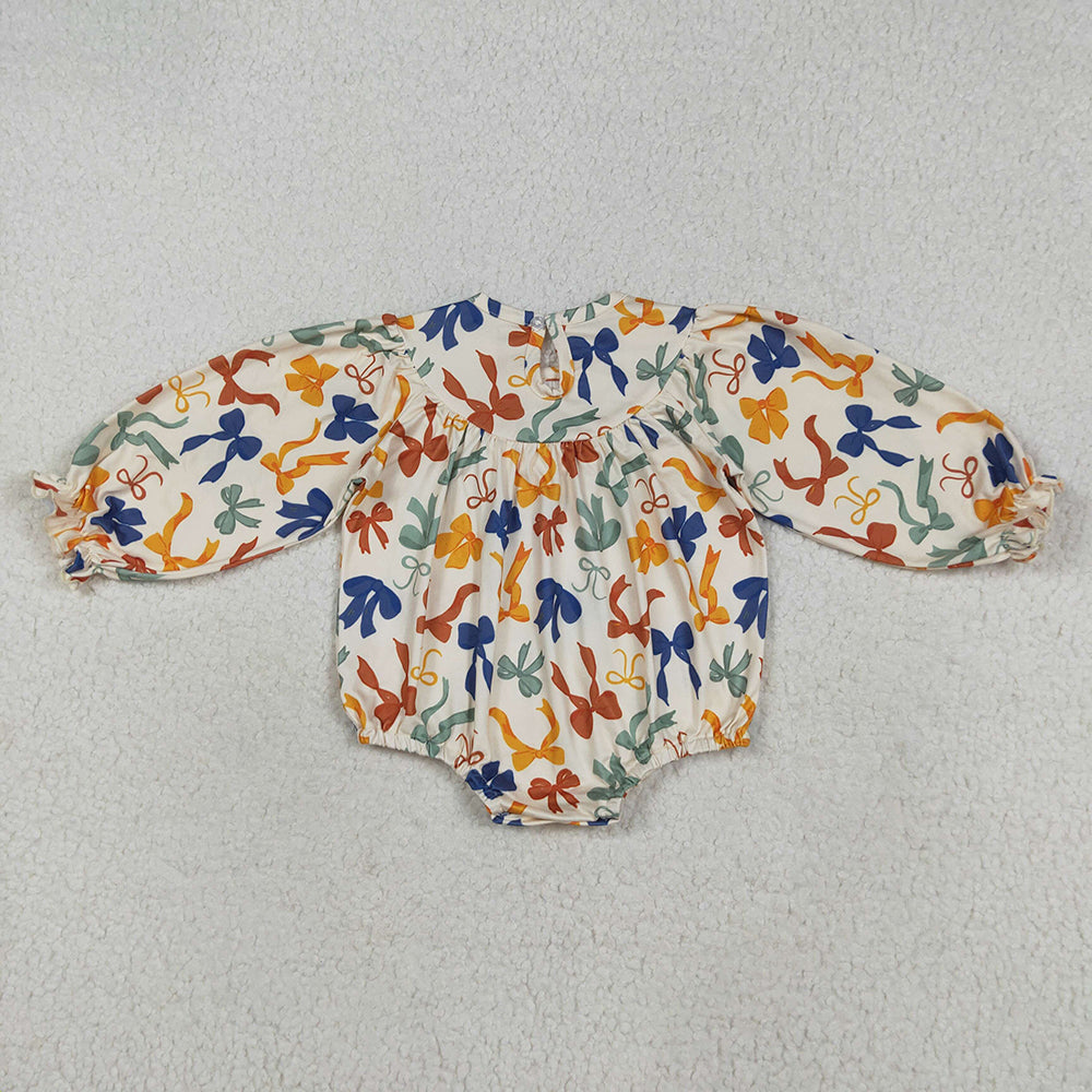 USA Shop (in stock)LR2257 Baby Girls Winter Rompers Baby Girls Smocked Thankful Colorful Bows Ruffle Rompers
