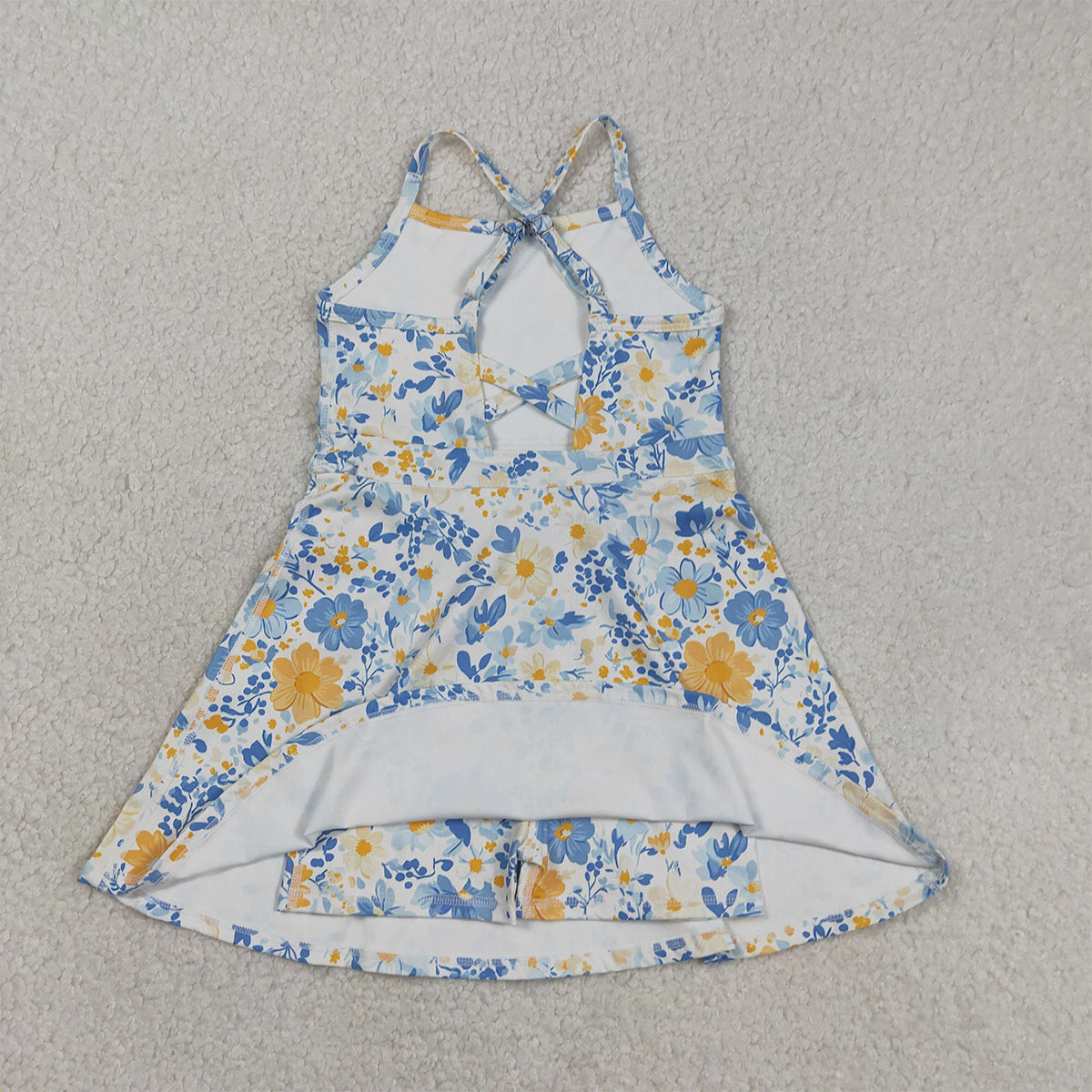 3.12 RTS NO MOQ （In stock）GSD3565 Kids Fashion Clothes Baby Girls Strap Colorful Flowers Yoga Active Shorts Ruffle Knee Length Dress