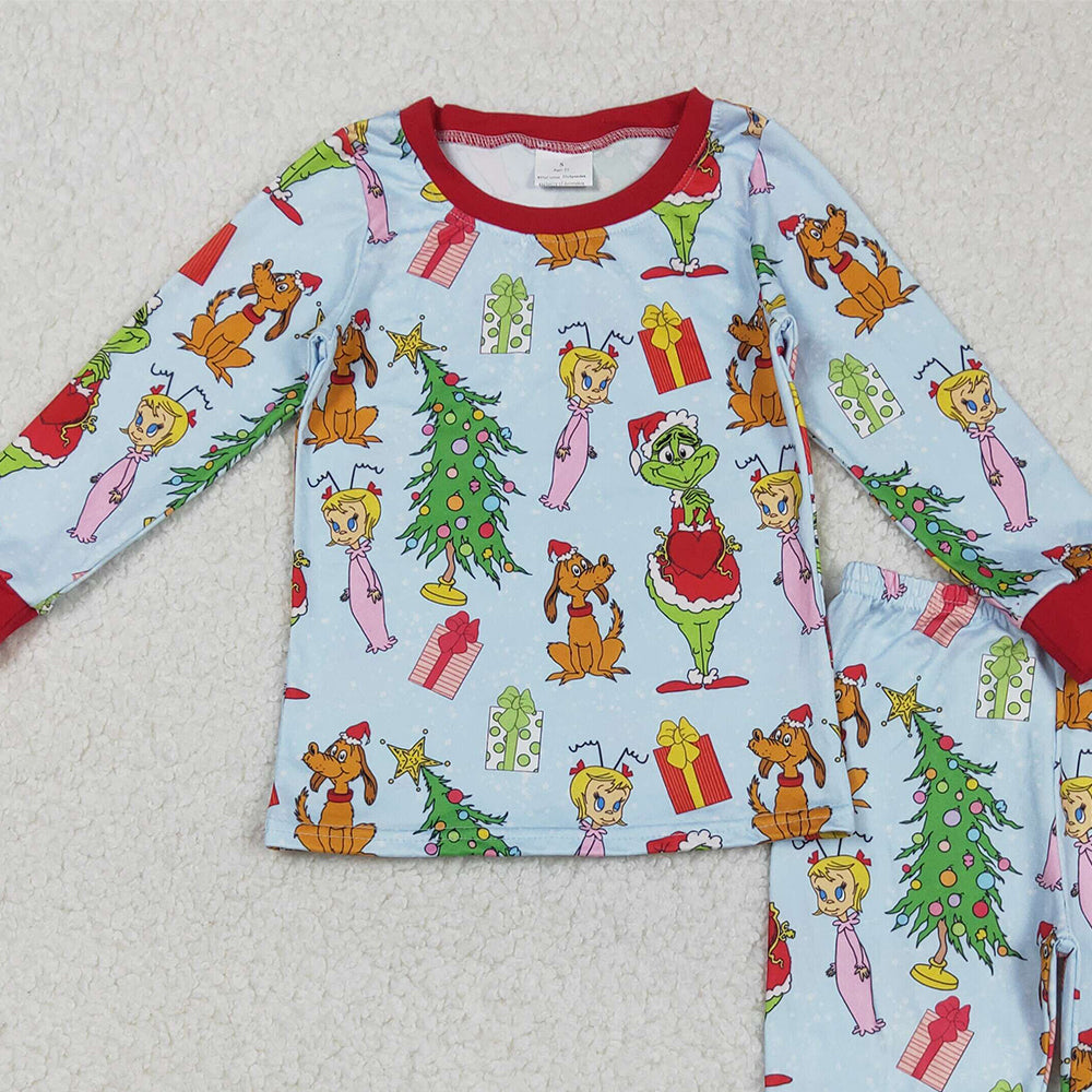 RTS NO MOQ （In stock）BLP1189 Baby Boys Winter Outfits Green Face Christmas Tree Long Sleeve Baby Kids Pajamas