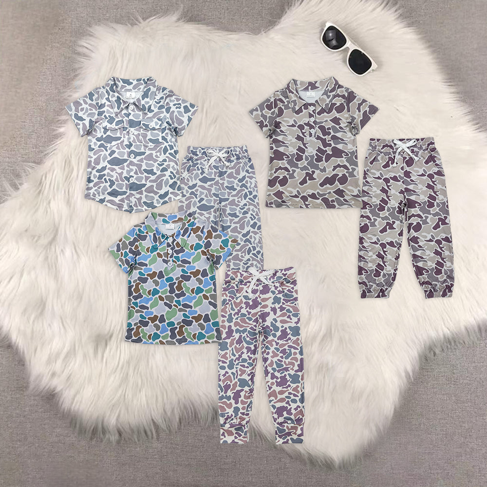 8.18  Sibling Grey camo pockets kids boys button down shirt Grey camo pockets elastic waist boys hunting pants sets