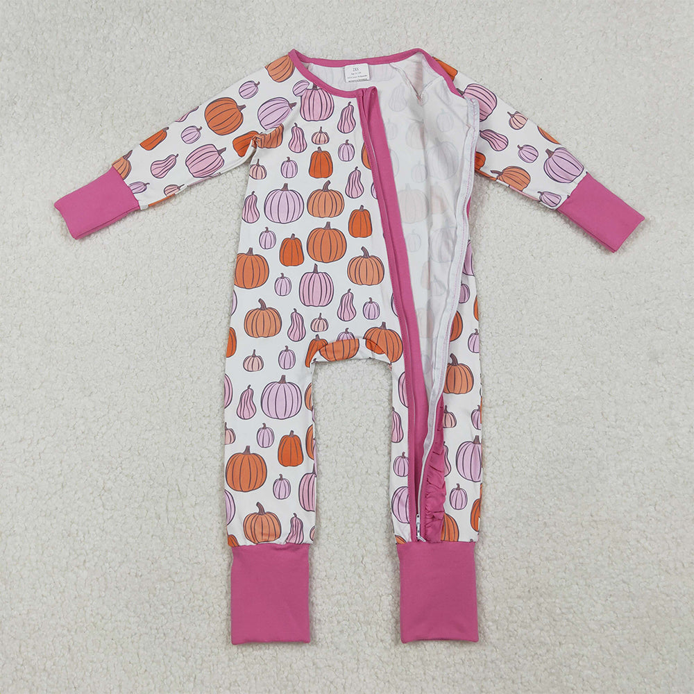 RTS NO MOQ （In stock） LR2566 Baby Girls Winter Rompers Colorful Pumpkins Fall Ruffle Zipper Footie Rompers