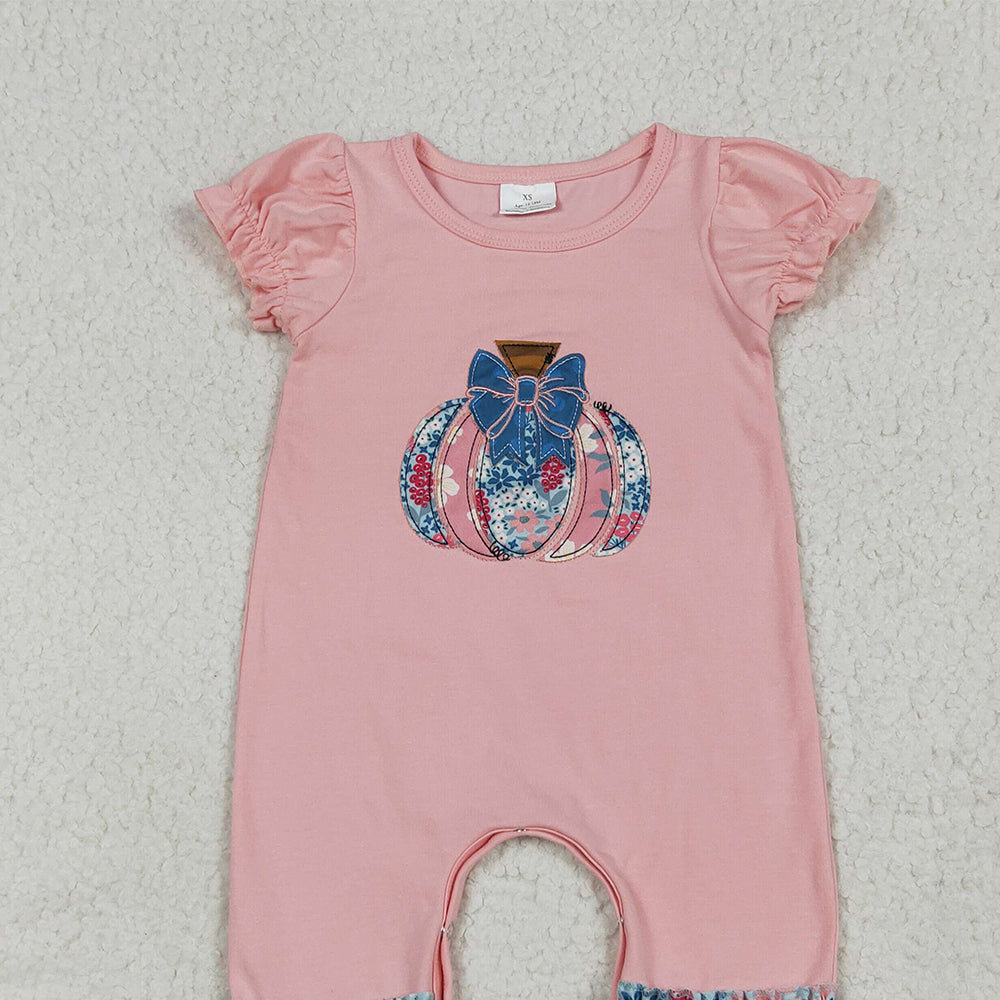 8.15 RTS NO MOQ （In stock） SR3112 Baby Girls Summer Rompers Embroidery Baby Girls Pink Short Ruffle Sleeves Floral Pumpkins Rompers