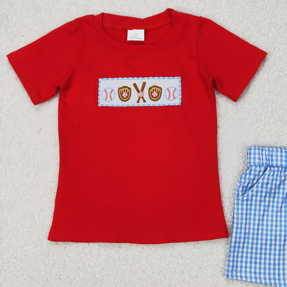5.16  BSSO1283 RTS NO MOQ Red baseball top plaid shorts boys summer outfits