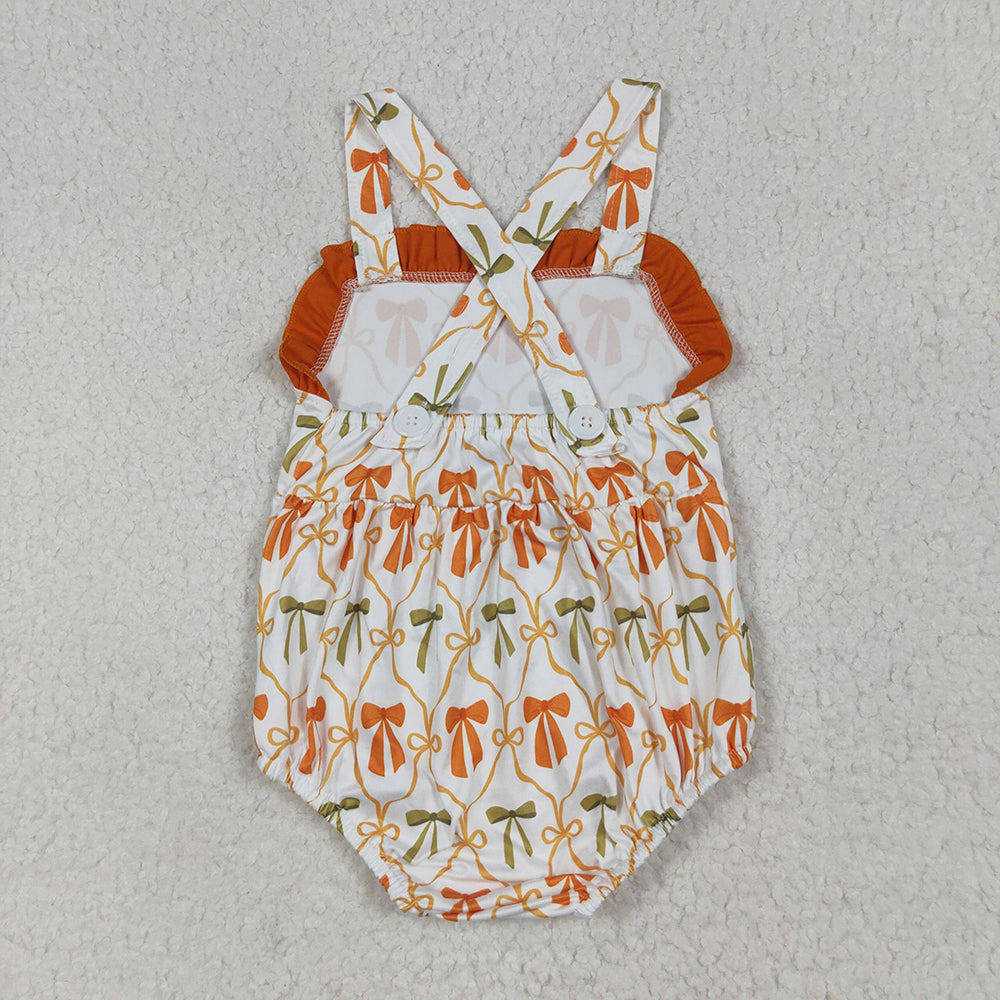 RTS NO MOQ （In stock）SR3148 Baby Girls Summer Rompers Baby Girls Strap Orange Bows Plaid Ruffle Rompers