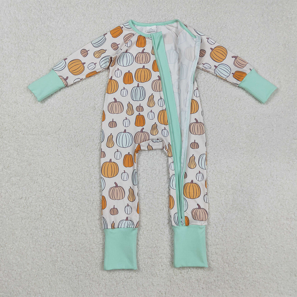 RTS NO MOQ （In stock）LR2565 Baby Boys Winter Rompers Green Pumpkins Fall Zipper Footie Rompers for Infants