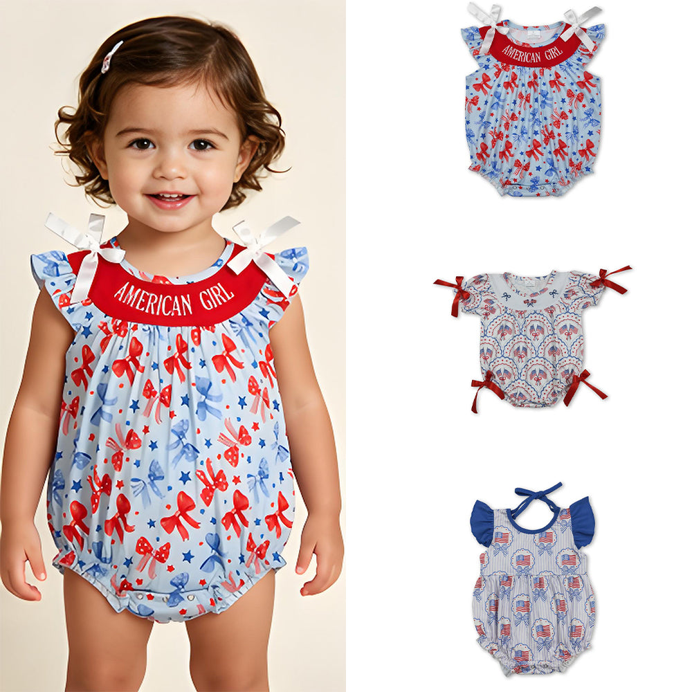 RTS Sibling Short sleeves flag bow embroidery baby girl 4th of july romper
