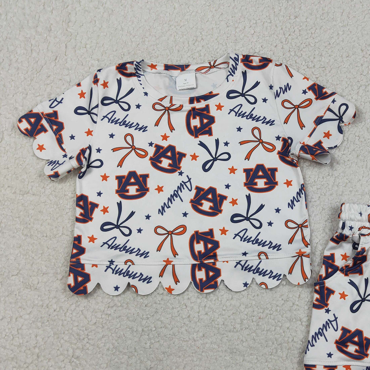 3.30 RTS NO MOQ （In stock）GSSO3252 Short sleeves A U stars bow scallop girls team outfits