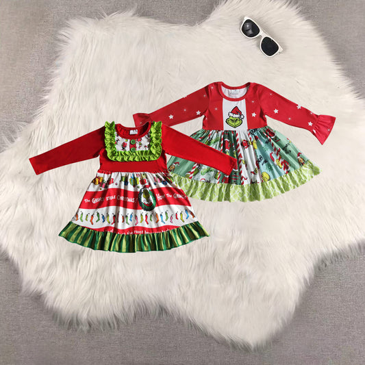 8.23 RTS Sibling Baby Girls Green face long sleeve panel twirl baby girls Christmas dresses