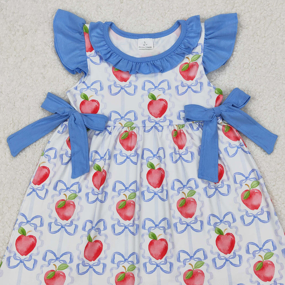 GSD1966 RTS NO MOQ Kids Girls 4th of July Dresses with Flutter Sleeves Bow Apple Design for Children's Clothing