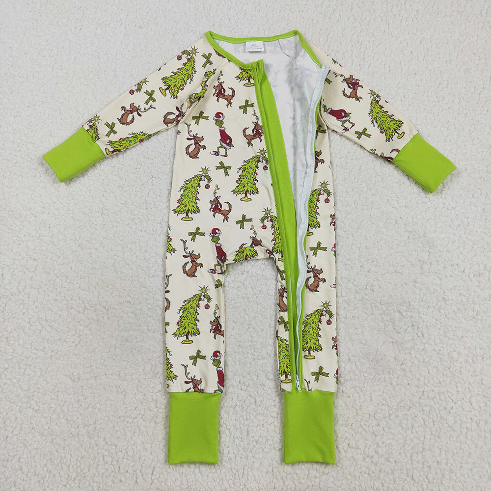 RTS NO MOQ （In stock）LR2481 Baby Boys Winter Rompers Baby Boys Christmas Trees Dogs Zipper Footie Rompers