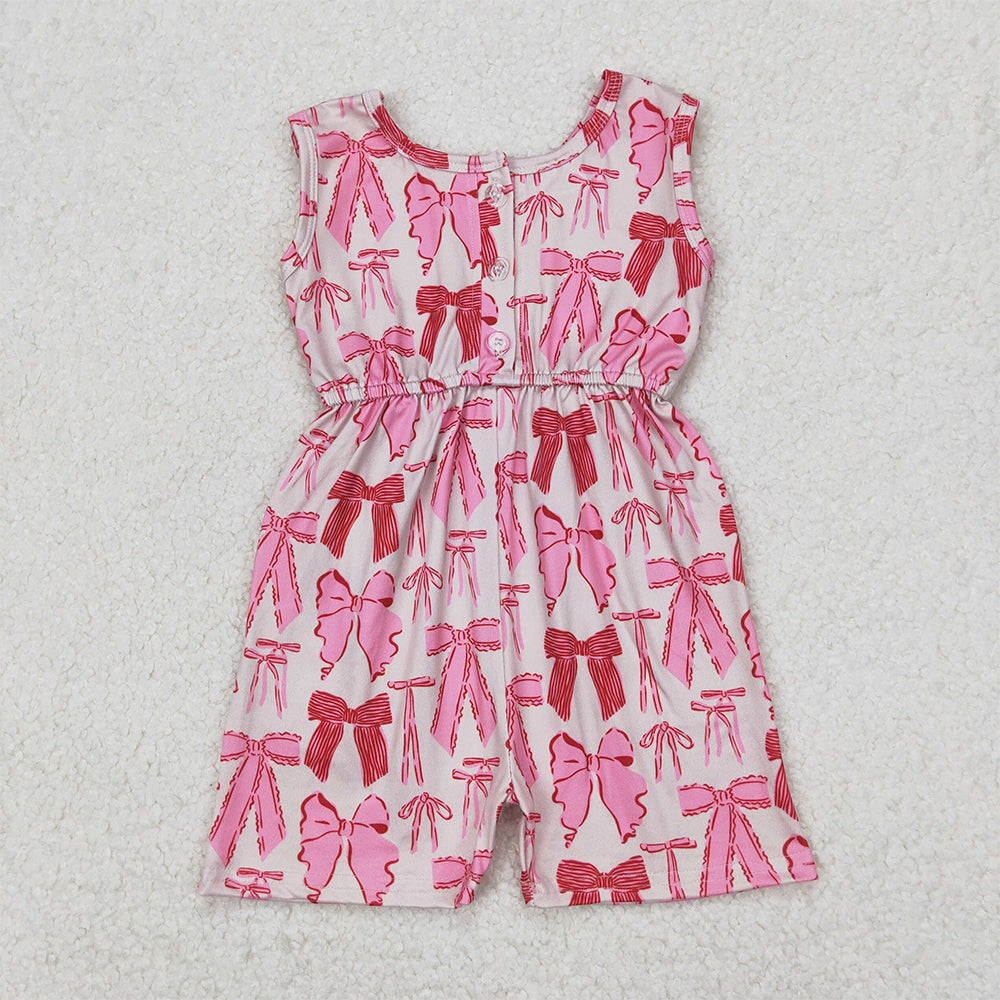 4.17 SR2670 RTS NO MOQ Pink short sleeves bow pocket girls summer jumpsuit