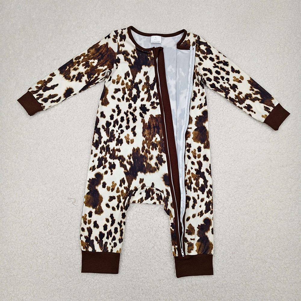 7.22  LR2189 RTS NO MOQ Baby Boys Winter Rompers Cute Baby Cow Print Long Sleeve Zipper Romper