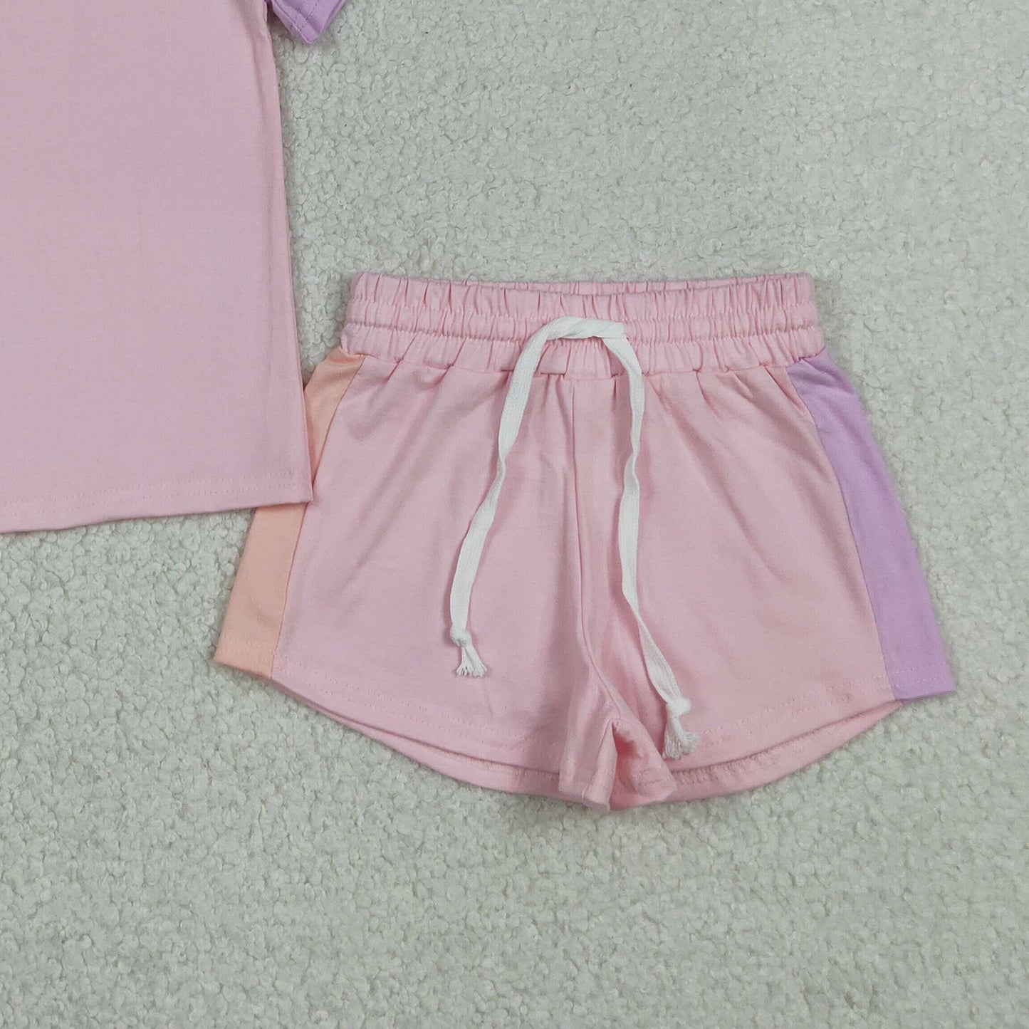 GSSO3638 RTS NO MOQ （In stock）Baby Girls Pink Patchwork Short Sleeve Shirt Top Short Clothes Set