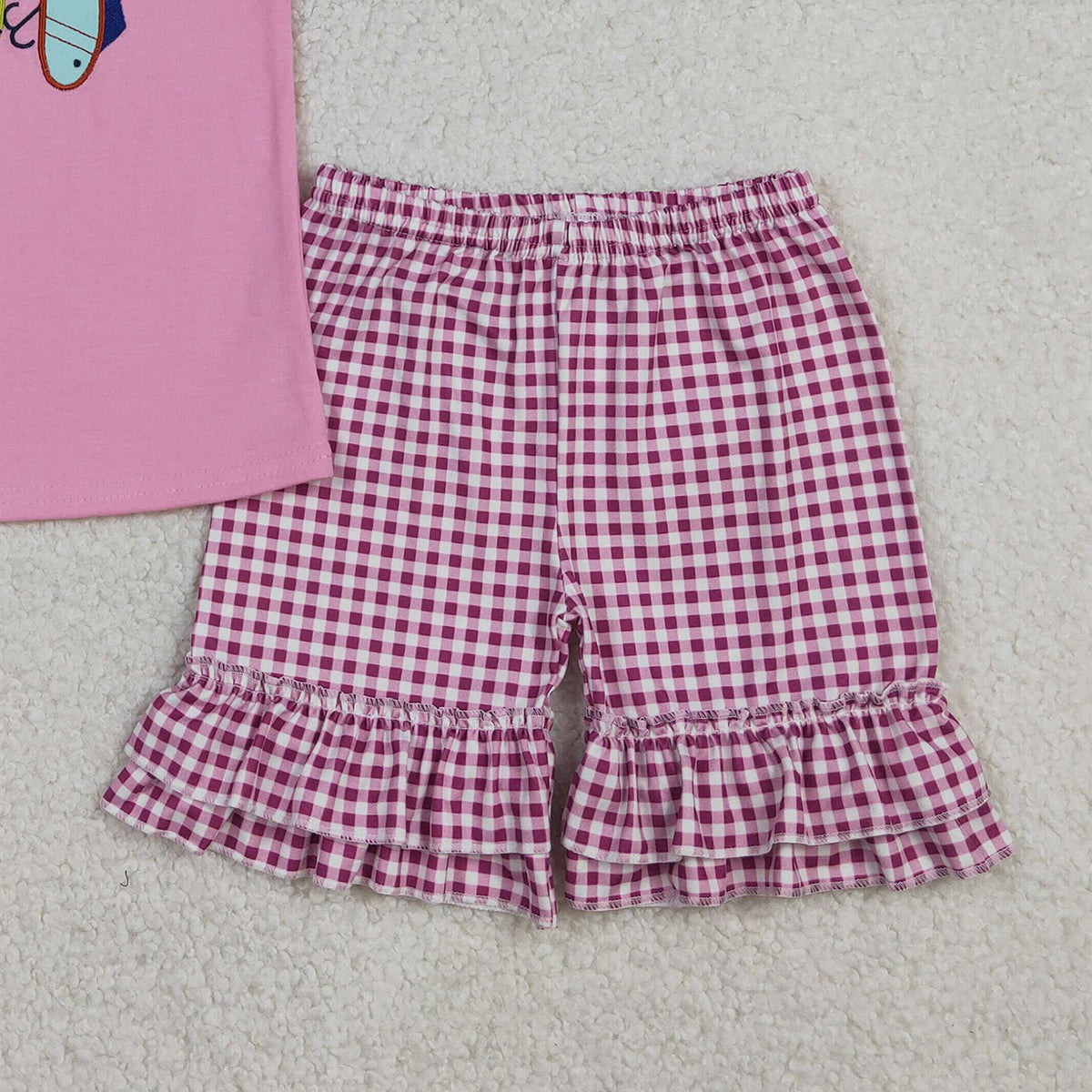 12.23 RTS NO MOQ （In stock）GSSO2795 Embroidery Fishing Baby Girls Shirt Checked Ruffle Shorts Hunting Clothes Sets