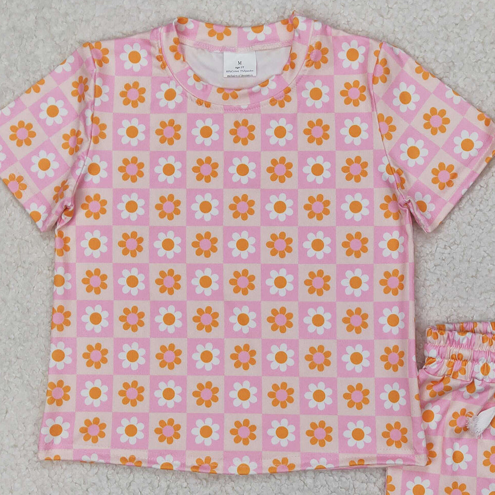 4.09 GSSO2425RTS NO MOQ  Baby Girls Summer Outfits Pink floral plaid top shorts kids girls summer clothes