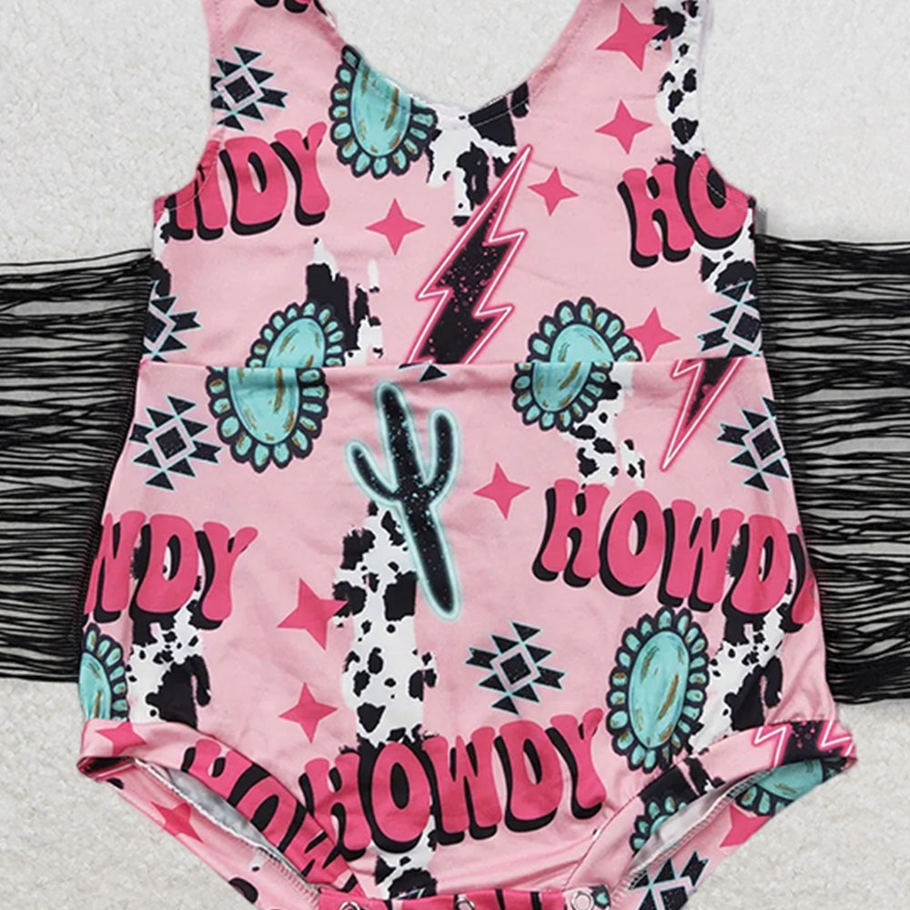 SR0324RTS NO MOQ Baby Girls Summer Rompers Baby Girls Western Tassel Howdy Pink Rompers