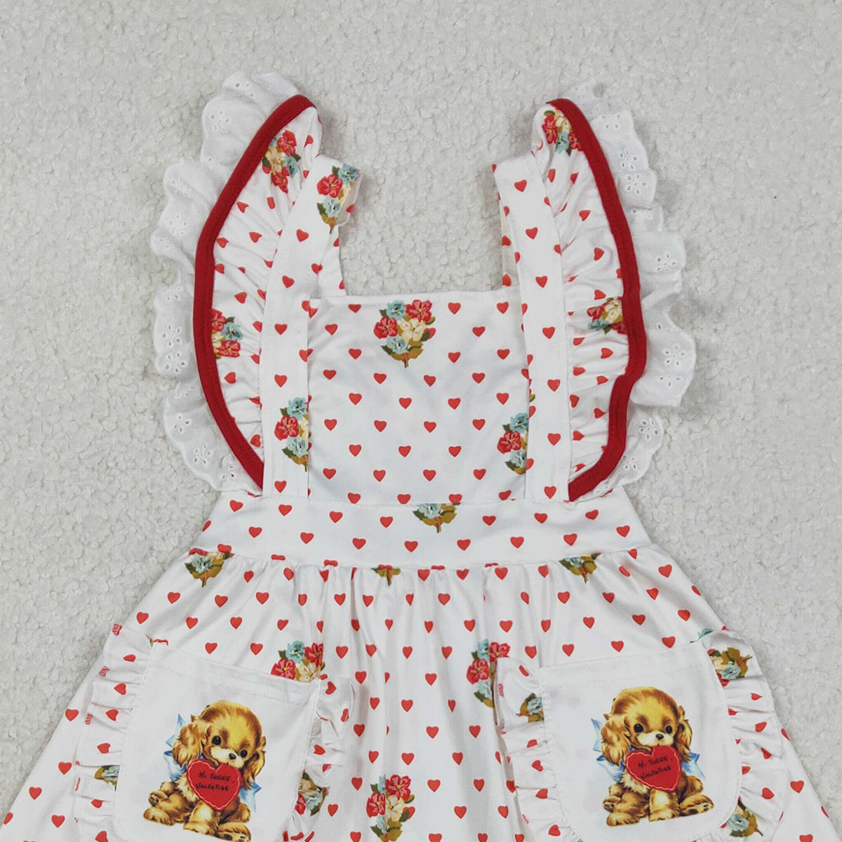 12.17 RTS NO MOQ （In stock）GSD2963 Baby Girls Hearts Dogs Flowers Valentines Pockets Knee length Dresses