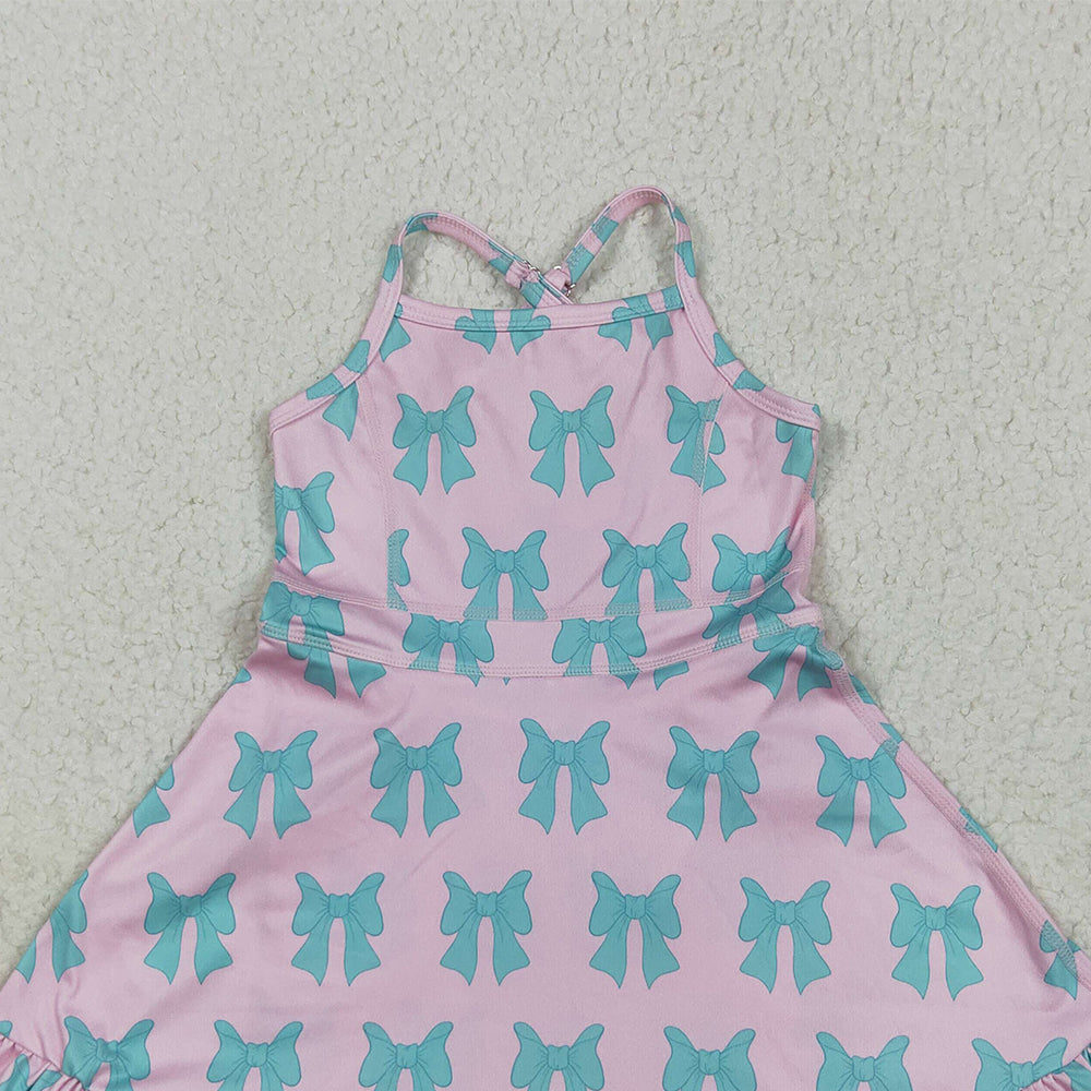 7.15 GSD2293RTS NO MOQ Baby Girls Summer Yoga Dress Baby Girls Active Wear Aqua Bow In Pink Yoga Dress
