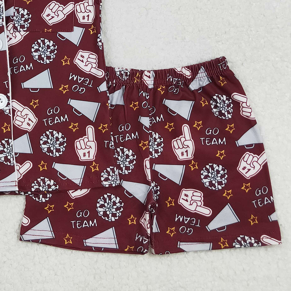 RTS NO MOQ （In stock）GSSO2678 Baby Girls Summer Pajamas Outfits Dark Red Short Sleeve Button Top Pajamas Set Cheer Team Outfit Comfortable Sleepwear for Infants