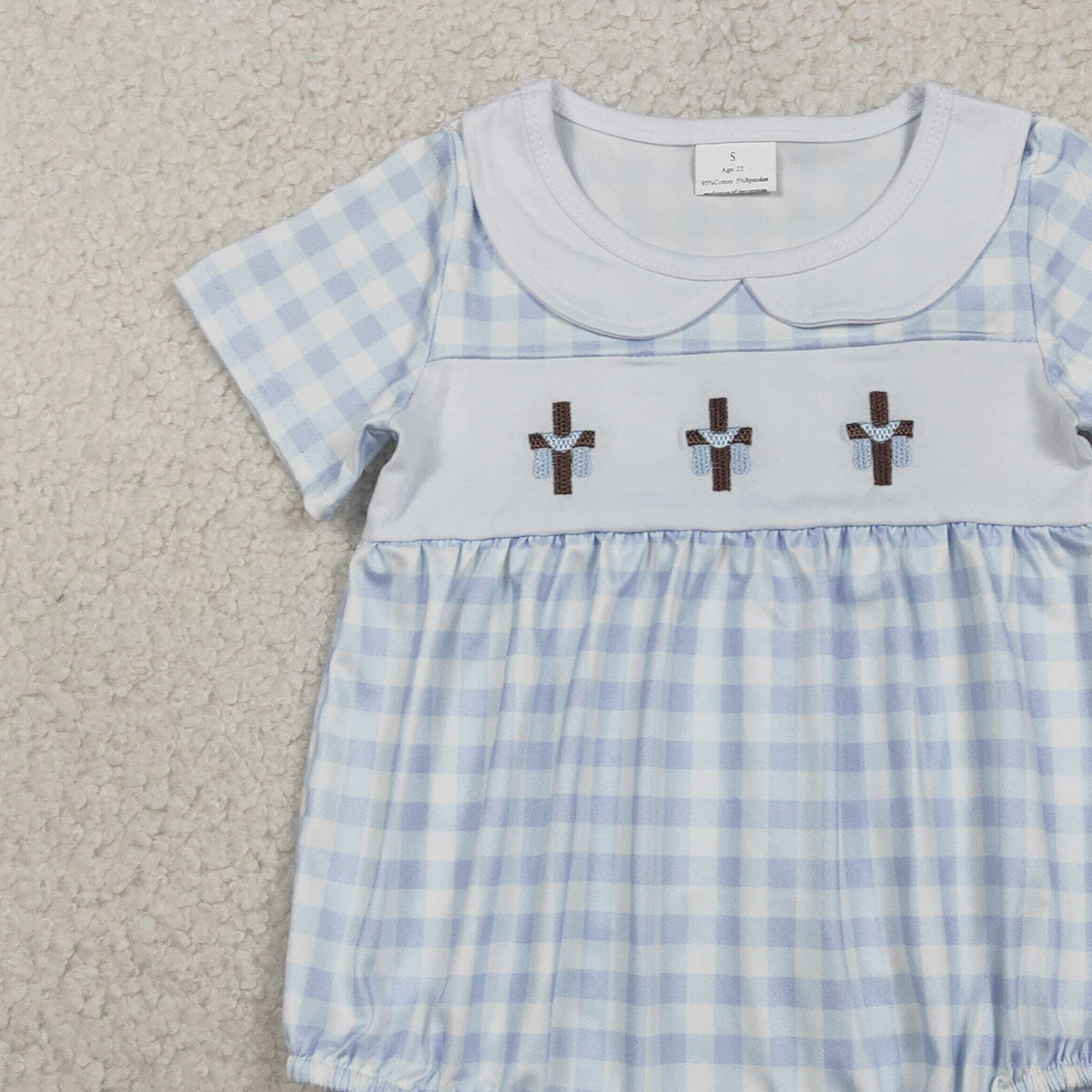 2.4 RTS NO MOQ （In stock）SR3757 Embroidery Crosses Baby Boys Blue Checked Easter Collar Rompers