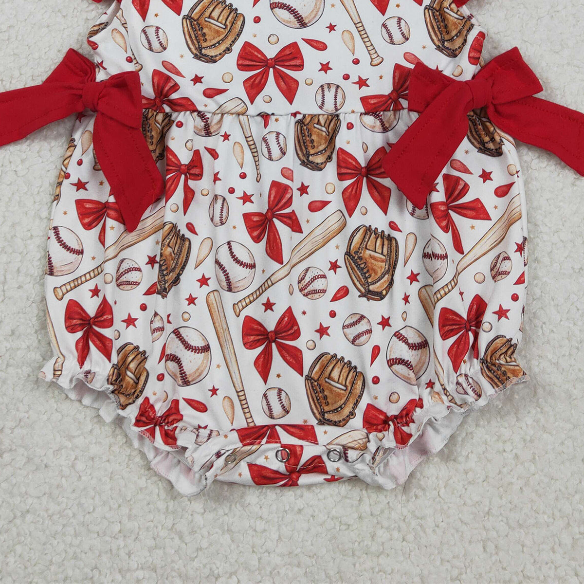 1.23 RTS NO MOQ （In stock）SR3834 Baby Girls Flutter Sleeve Baseballs Bows Team Ruffle Rompers