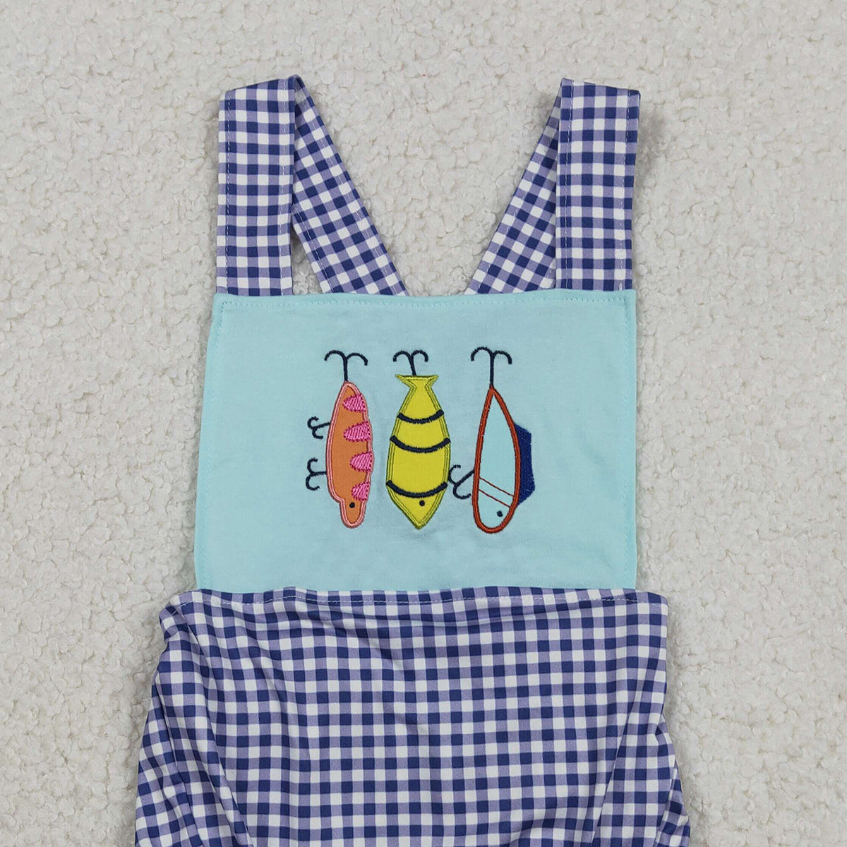 12.12 RTS NO MOQ （In stock）SR3413 Baby Boys Rompers Embroidery Fishing Baby Boys Checked Strap Hunting Rompers