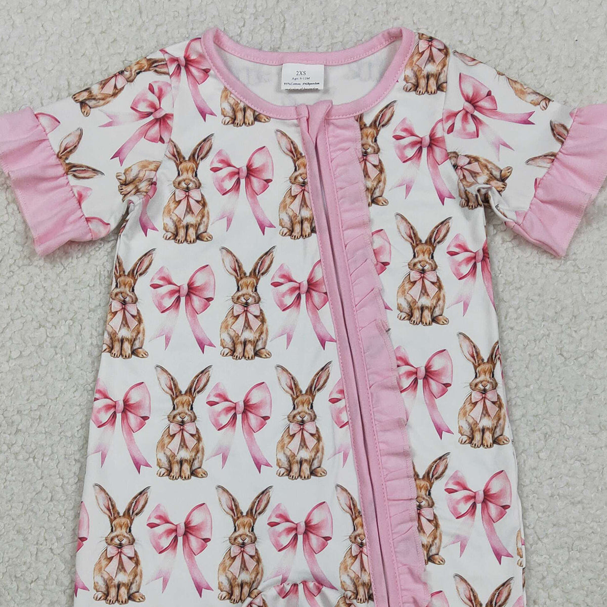2.2 RTS NO MOQ （In stock）SR2020 Baby Girls Short Sleeve Bows Rabbits Easter Ruffle Zipper Rompers