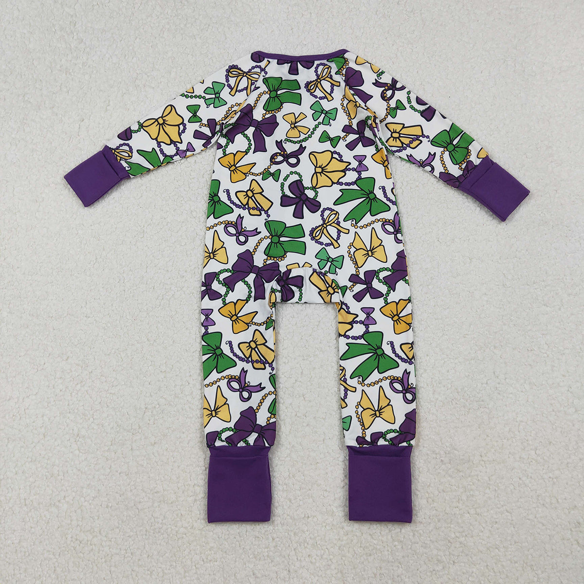 10.13 RTS NO MOQ （In stock）LR2678 Baby Girls Winter Rompers Baby Girls Mardigras Bows Masks Zipper Footie Rompers