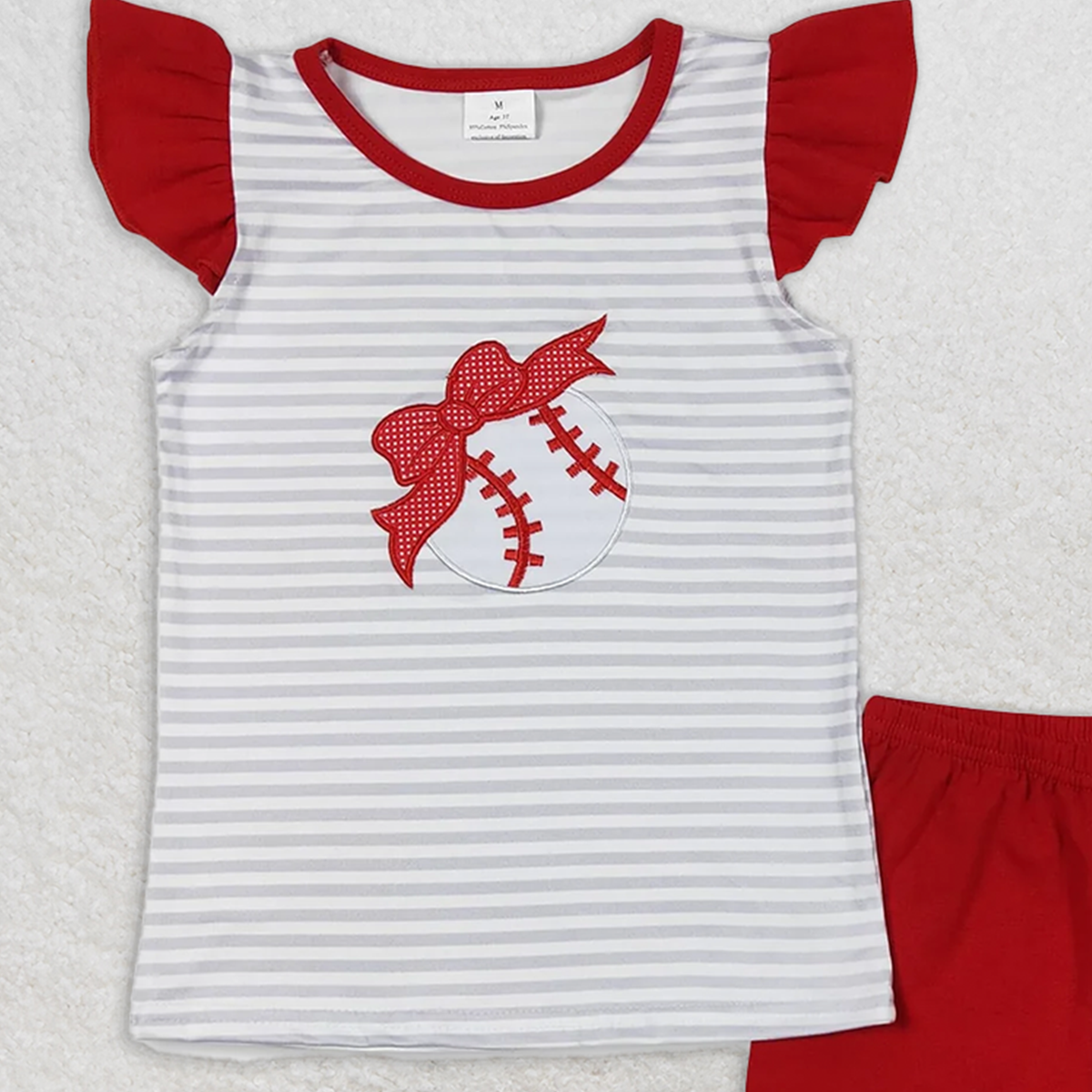 GSSO0605  RTS NO MOQ Baby Girls Summer Outfits Stripe baseball shirt ruffle shorts girls clothing