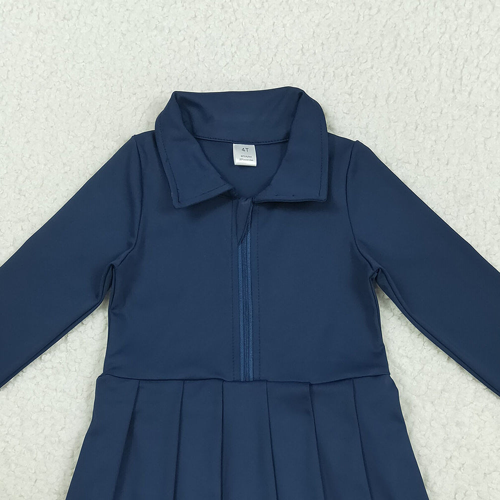 RTS NO MOQ （In stock）GLD1151 Baby Girls Yoga Dress Baby Girls Navy Long Sleeves Zipper Yoga Knee Length Dresses