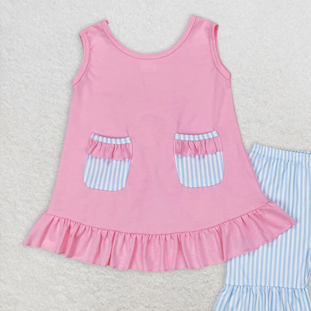 GSSO0438RTS NO MOQ Baby Girls Summer Outfits Pink cotton tunic ruffle shorts girls summer clothes