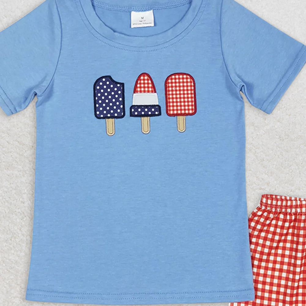 BSSO0744 RTS NO MOQ Baby Boys Summer Boys Outfits Blue popsicle top plaid shorts boys 4th of july clothing
