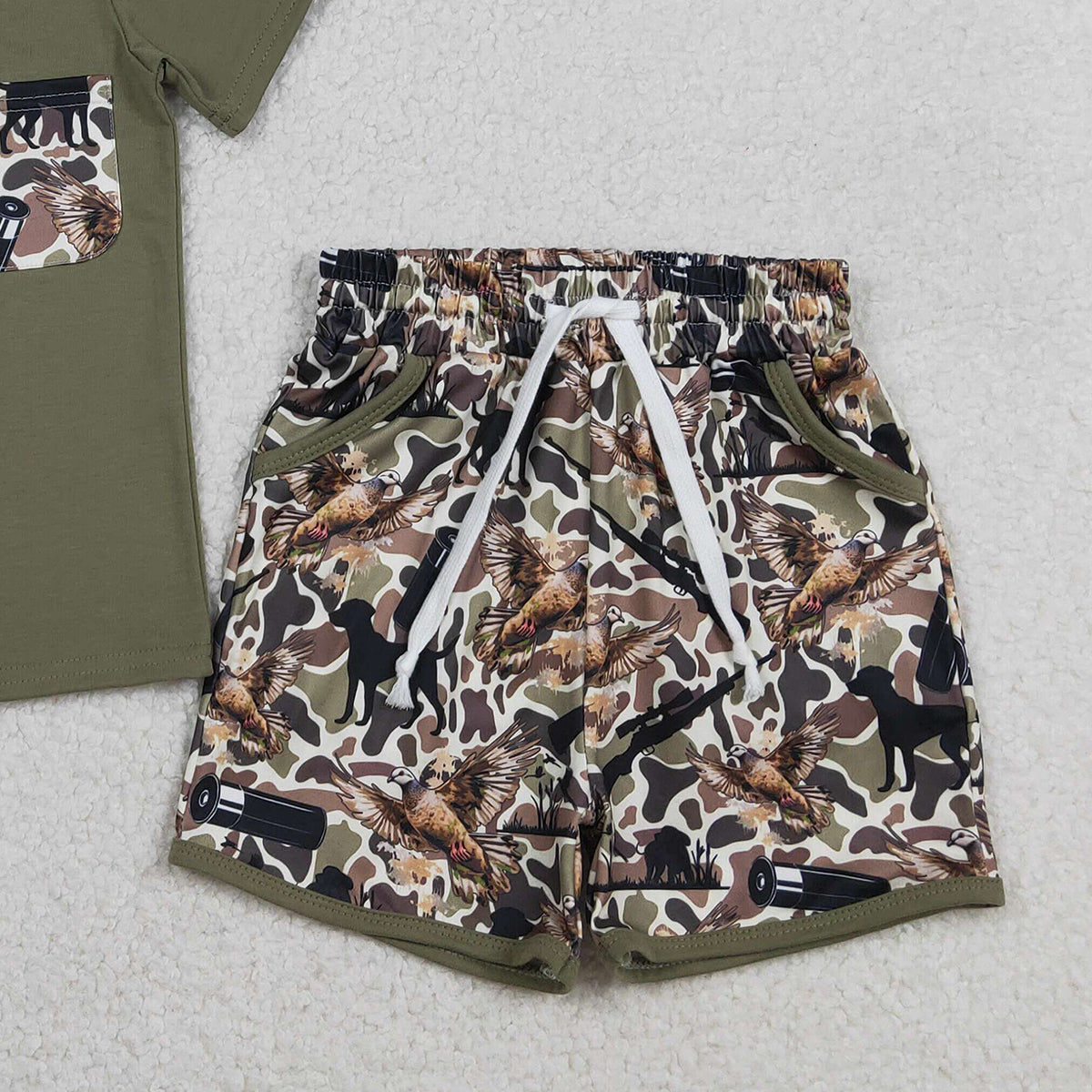 1.27 RTS NO MOQ （In stock）BSSO1847 Baby Boys Shirt Top Ducks Camo Pockets Shorts Hunting Clothes Sets