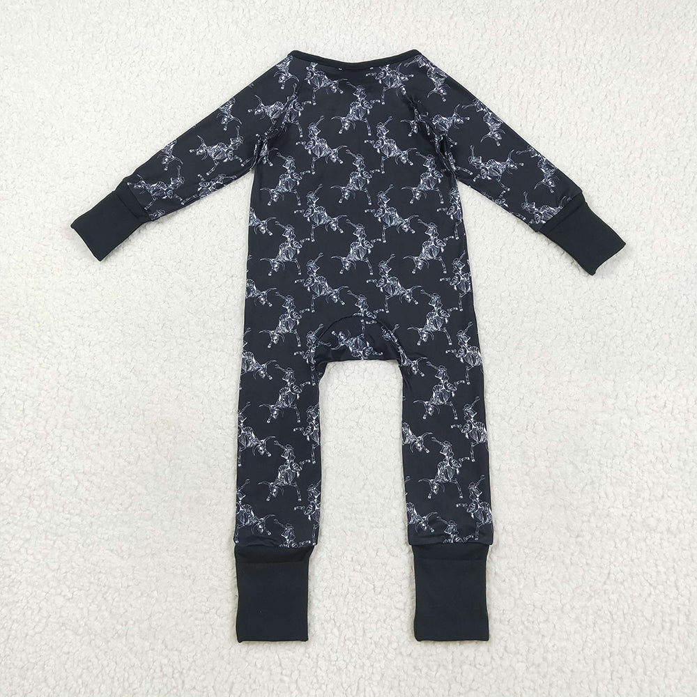 RTS NO MOQ （In stock）LR2466 Baby Boys Winter Rompers Baby Boys Black Horse Rodeos Western Zipper Pant Rompers
