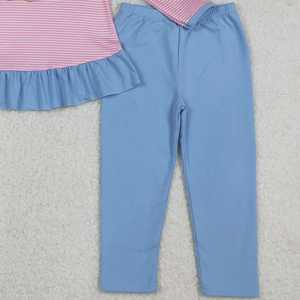 9.30 RTS NO MOQ （In stock）GLP2725 Baby Girls Winter Outfits Embroidery Dog Baby Girls Pink Stripe Tunic Blue Leggings Clothes Set