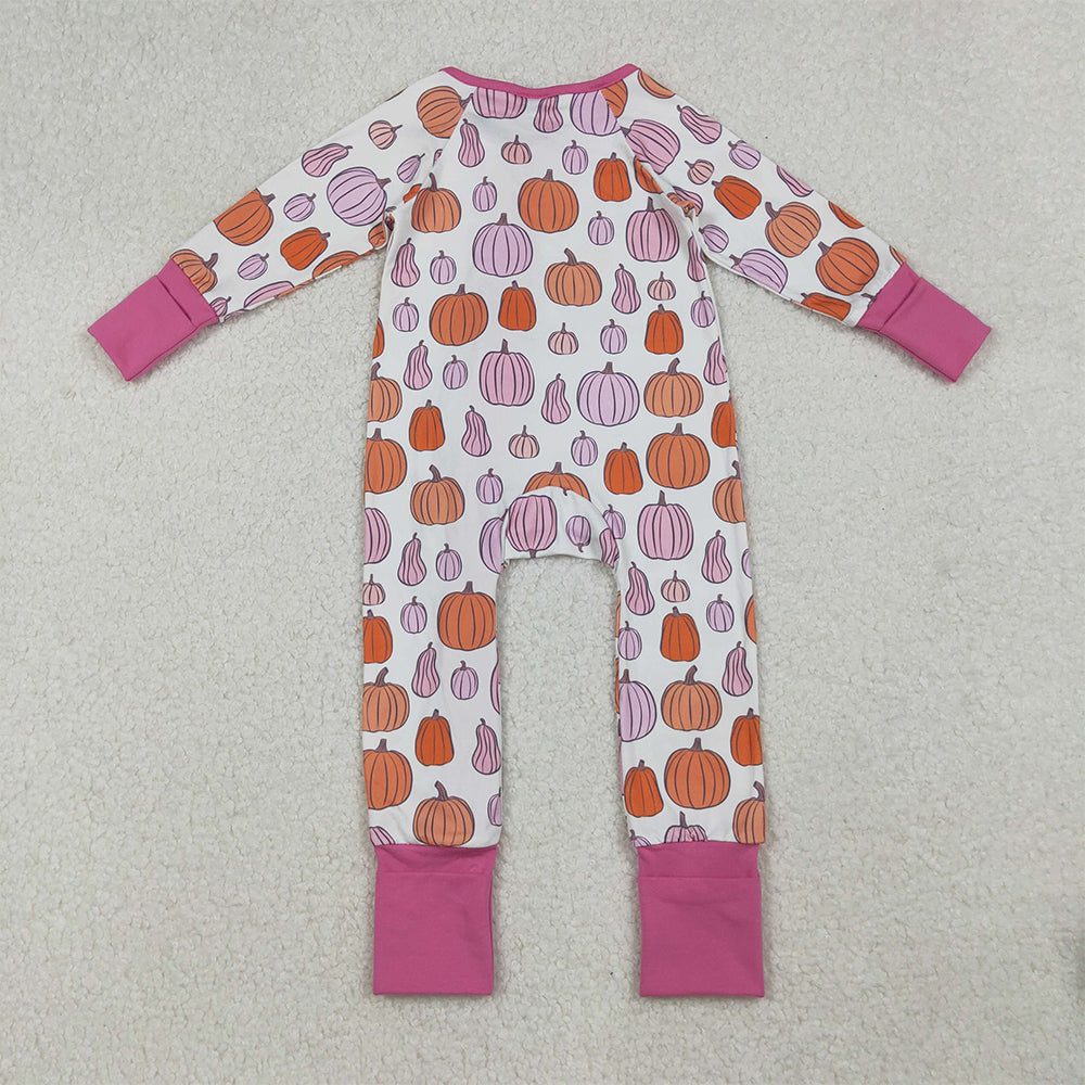 RTS NO MOQ （In stock） LR2566 Baby Girls Winter Rompers Colorful Pumpkins Fall Ruffle Zipper Footie Rompers