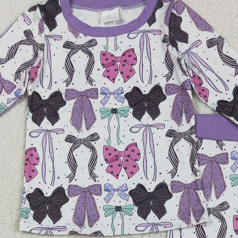 RTS NO MOQ （In stock）GLP2533 Baby Girls Winter Outfits Baby Girls Long Sleeves Colorful Bows Top Pant Pajamas Set