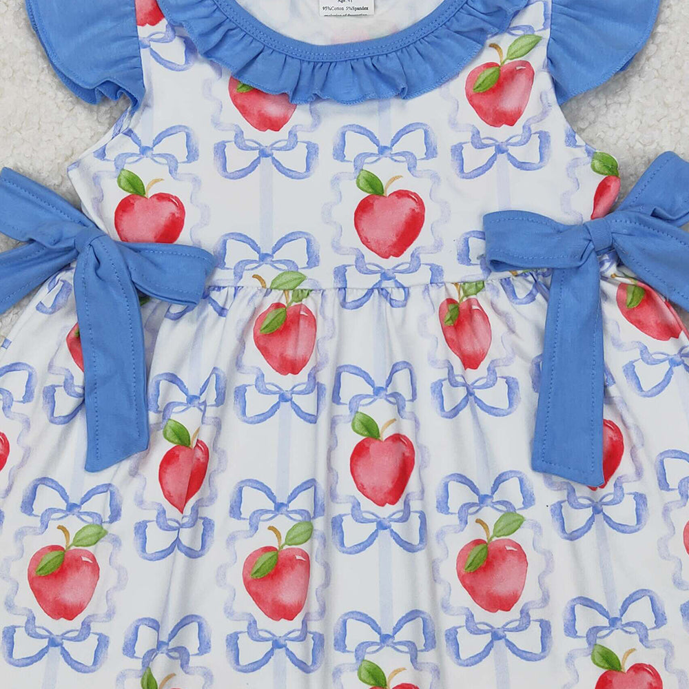 GSD1966 RTS NO MOQ Kids Girls 4th of July Dresses with Flutter Sleeves Bow Apple Design for Children's Clothing