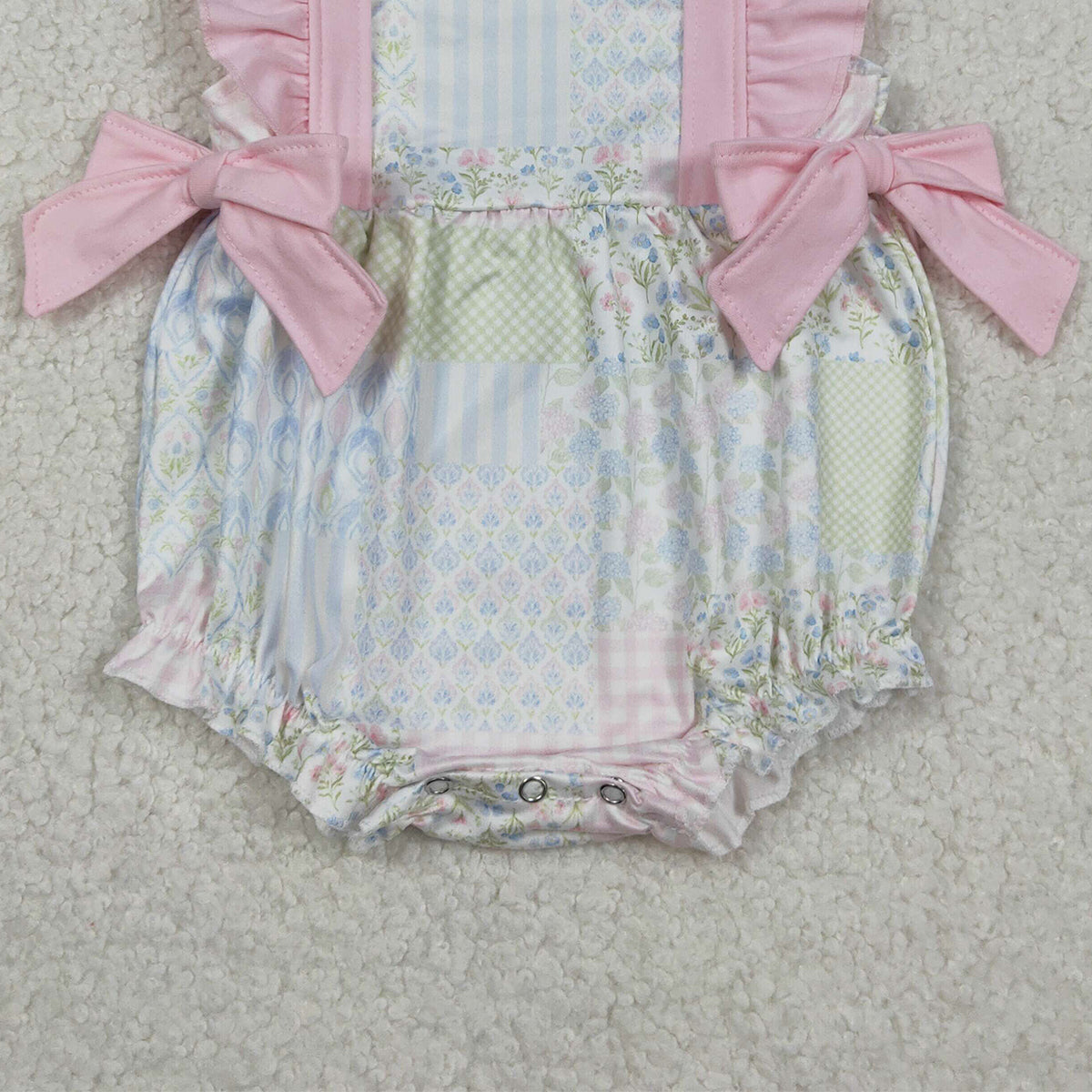 1.31 RTS NO MOQ （In stock）SR3675 Baby Girls Pink Flutter Sleeve Bows Flowers Checked Ruffle Rompers