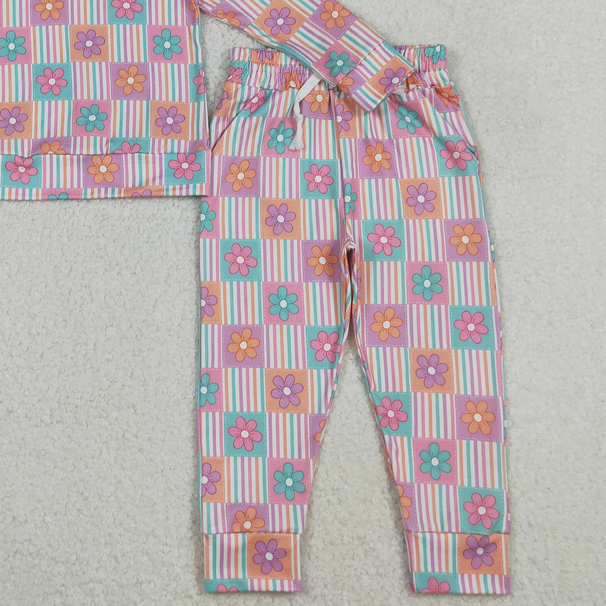 10.14 RTS NO MOQ （In stock）GLP2853 Baby Girls Flowers Checked Hoodies Pockets Legging Pants Clothes Sets