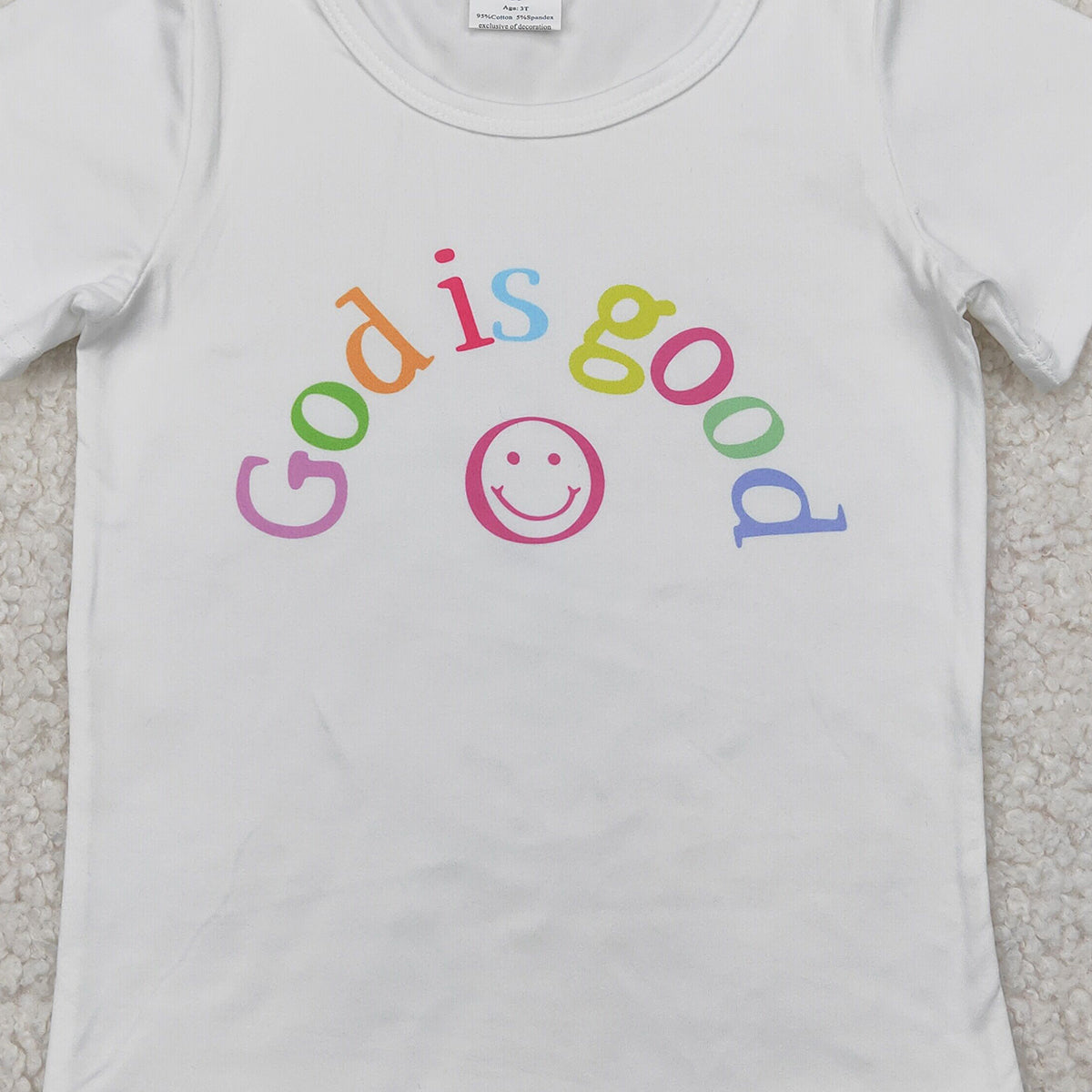 GT0958RTS NO MOQ Baby Girls Summer Tops Girls White Short Sleeve T-Shirt 'God Is Good' Smile Design Comfortable Cotton Casual Wear for Kids
