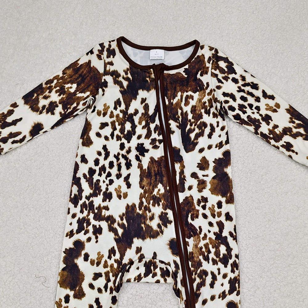 7.22  LR2189 RTS NO MOQ Baby Boys Winter Rompers Cute Baby Cow Print Long Sleeve Zipper Romper