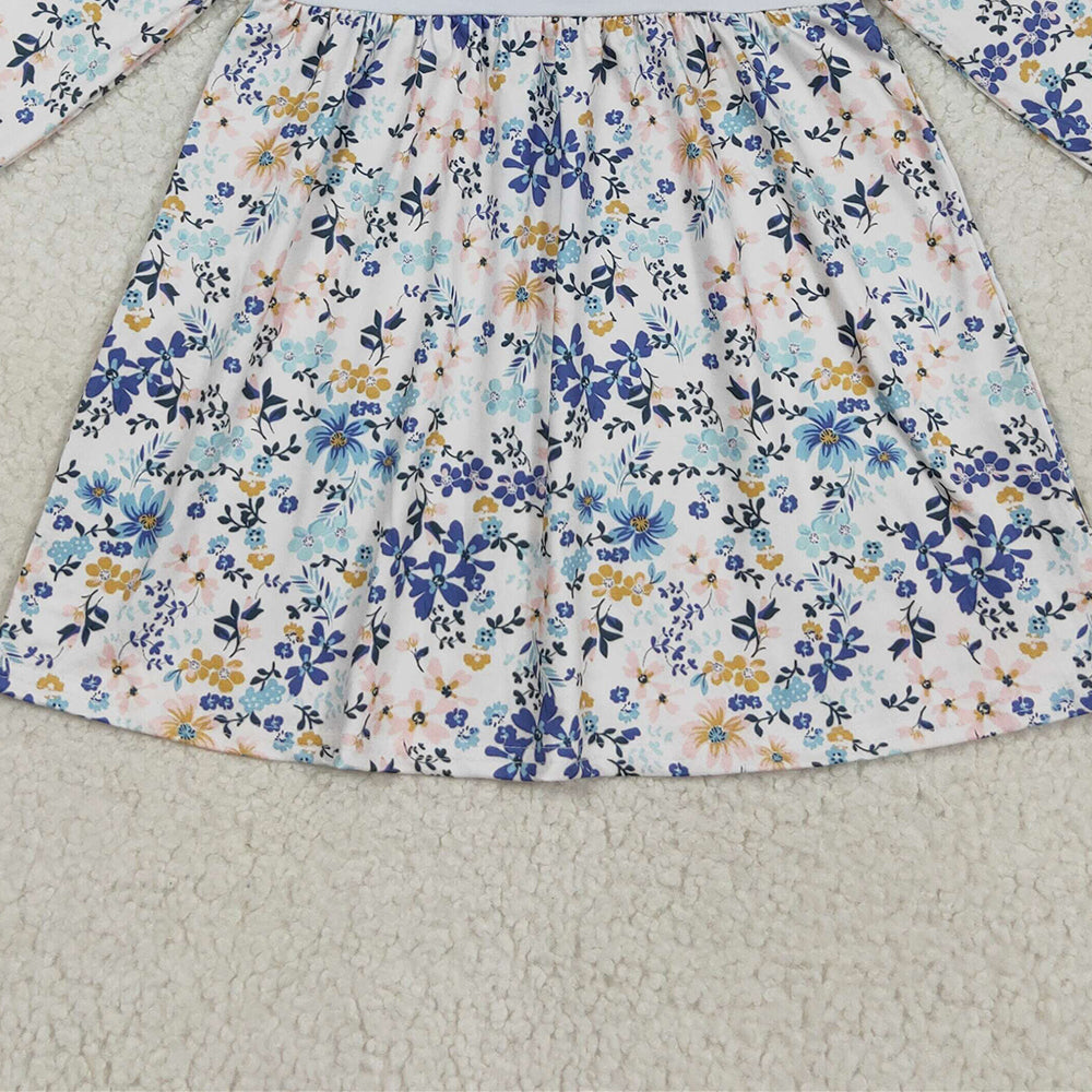RTS NO MOQ （In stock）GLD1071 Baby Girls Winter Dress Embroidery Baby Girls Long Ruffle Sleeves Floral Pumpkins Knee Length Dress