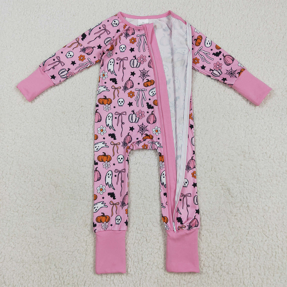 8.23 RTS NO MOQ （In stock）LR2405Baby Girls Winter Rompers Baby Girls Pink Ghost Pumpkins Halloween Zipper Footie Rompers