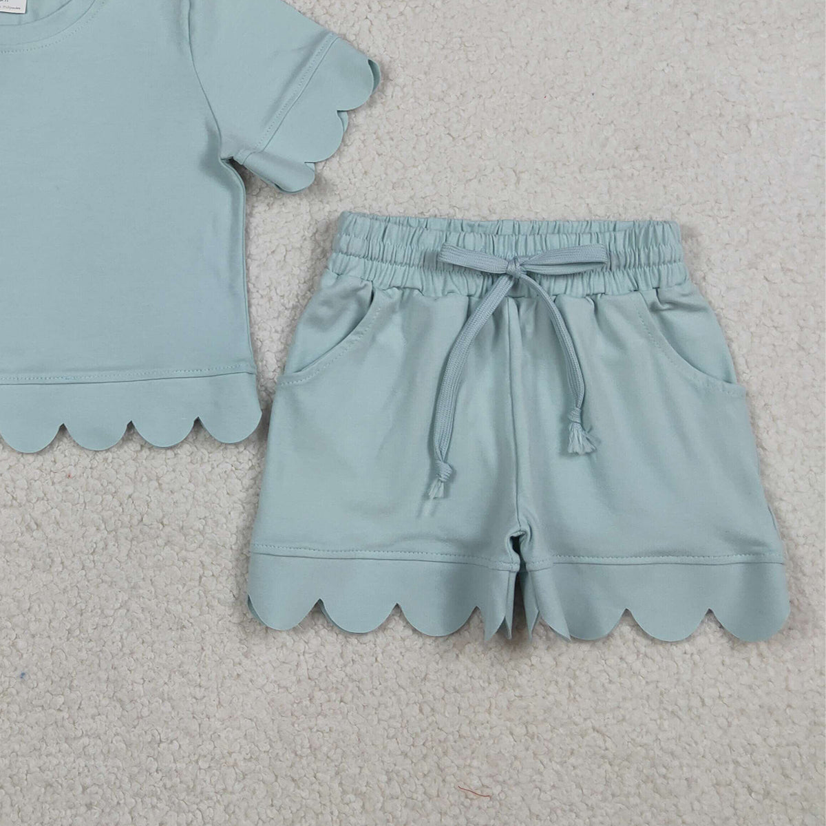 3.21 RTS NO MOQ （In stock）GSSO3174 Kids Clothing for Baby Girls Short Sleeve Light Blue Shirts Top Shorts Scallop Clothes Sets