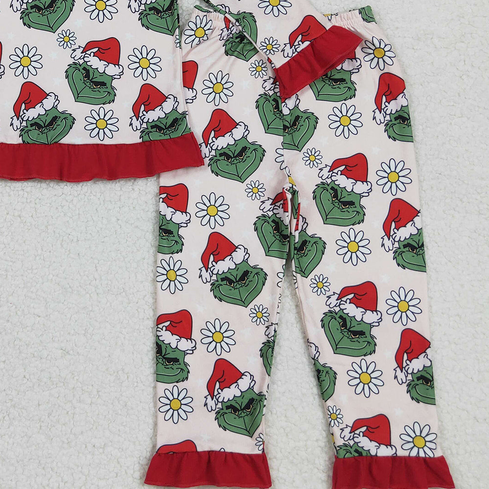 RTS NO MOQ （In stock）GLP2635 Baby Girls Winter Outfits Christmas Green Face Flowers Top Pants Pajamas Set