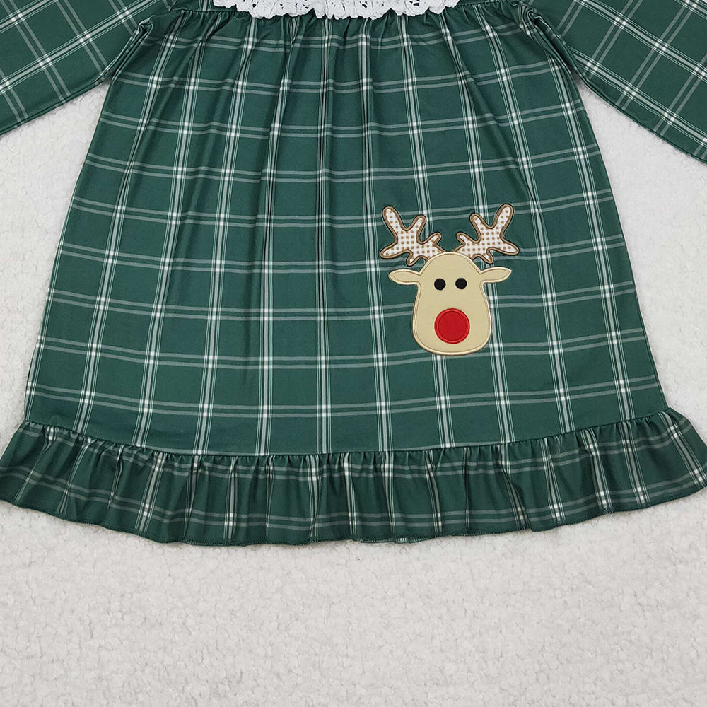 9.27 RTS NO MOQ （In stock）GLD0561 Baby Girls Winter Dress Embroidery Deer Baby Girls Green Checkered Christmas Knee Length Dresses